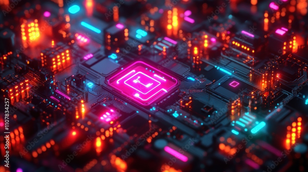 Poster close-up of a futuristic circuit board with glowing neon components and a central processor. (1)
