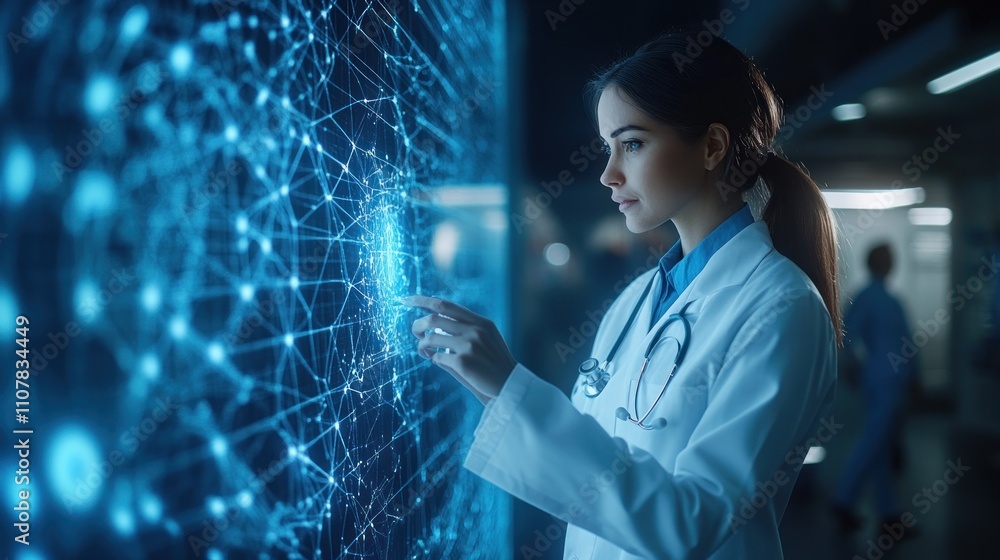 Aufkleber female doctor interacts with a digital interface displaying a complex network.