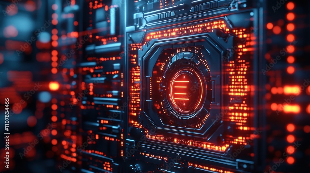 Poster a futuristic, high-tech computer circuit board with glowing red lights and a central processing unit
