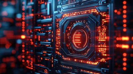 A futuristic, high-tech computer circuit board with glowing red lights and a central processing unit.
