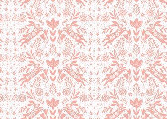 Easter Seamless Pattern Rabbit with Flower Background, Spring Bloomy flourish garden vector seamless rabbit stripes floral pattern on purple background.