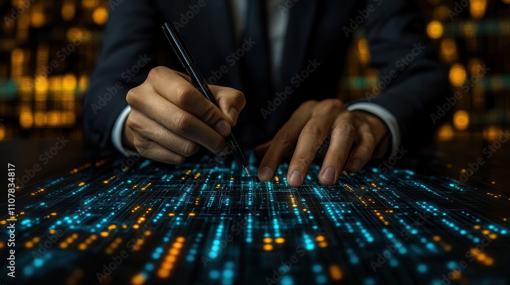 Poster businessman use a pen to draw organization chart mind map or organigram on a virtual screen hr manag