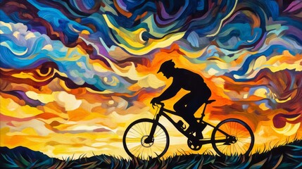 Fototapeta premium Silhouette of Cyclist against Colorful Abstract Sunset Sky