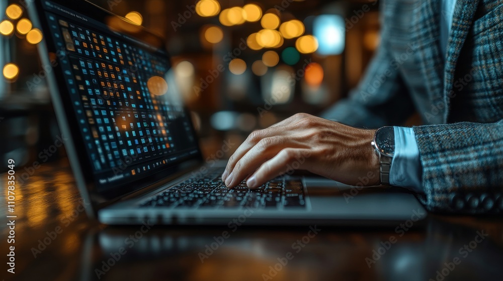 Poster businessman use laptop to analyze seo search engine optimization for promoting ranking traffic on we