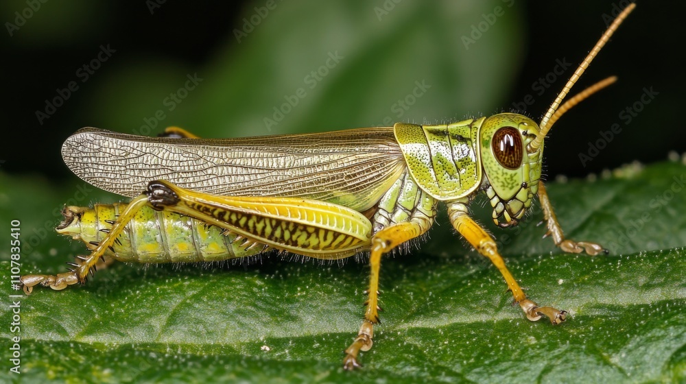 Poster vibrant green grasshopper on leaf with detailed features and textures
