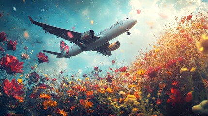 Obraz premium A passenger plane flies in the sky over a blooming garden