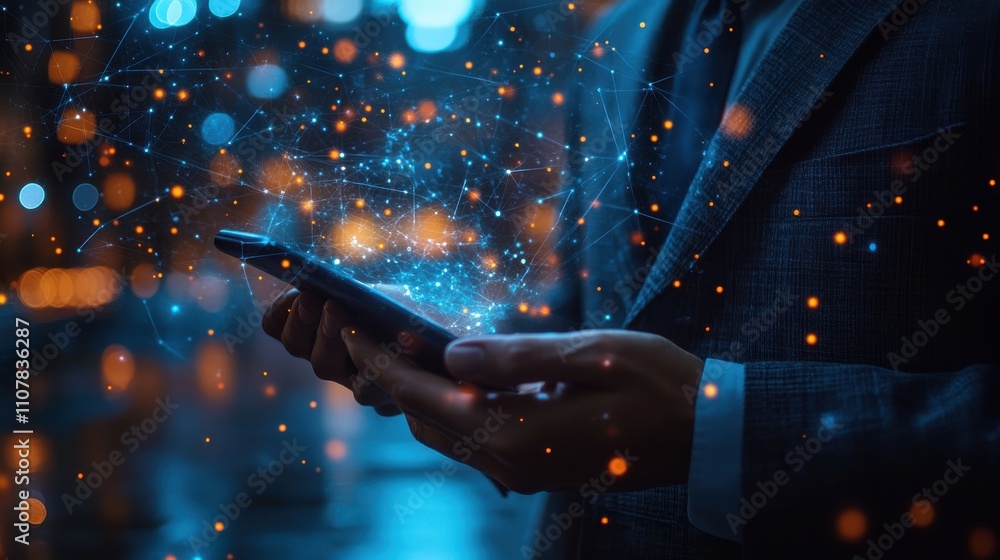 Poster businessman using mobile smart phone business global internet connection application technology and 