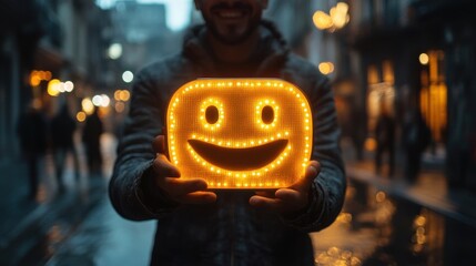 Obraz premium businessman using smartphone and pushing smile button for the best evaluation customer satisfaction concep
