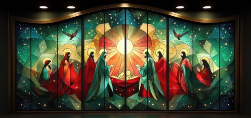 Celebration of divine birth in a dazzling Art Deco style, showcasing geometric elegance and vibrant colors reminiscent of the 1920s