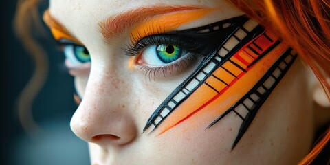 Stunning close-up of vibrant face art showcasing bold colors and intricate designs in a creative makeup session