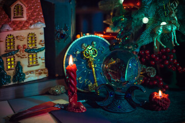 Fototapeta premium Winter holiday concept. Inspiration and fairy time with a candles, Christmas tree at holydays. Magical time