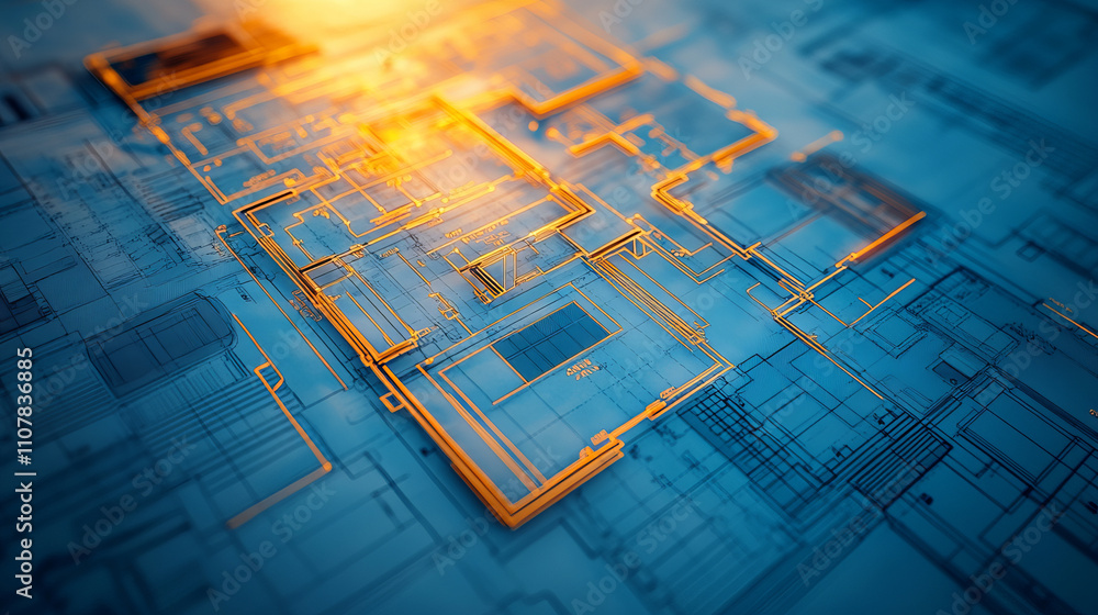 Poster detailed blueprint with highlighted sections and vibrant lines