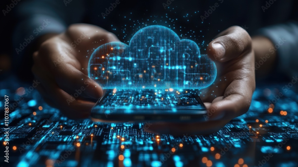 Poster businessman using smartphone to downloading data or documents files cloud storage technology backup 