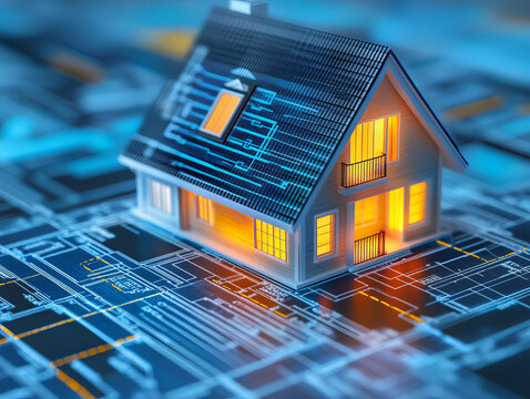 model house on blueprint with illuminated windows and detailed plans