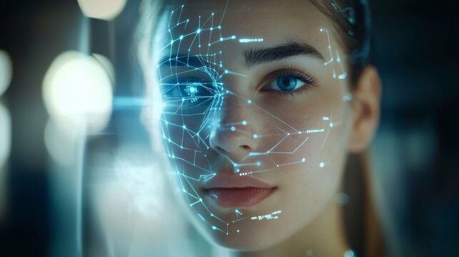 Close-up woman face futuristic interface is A deep fake, AI