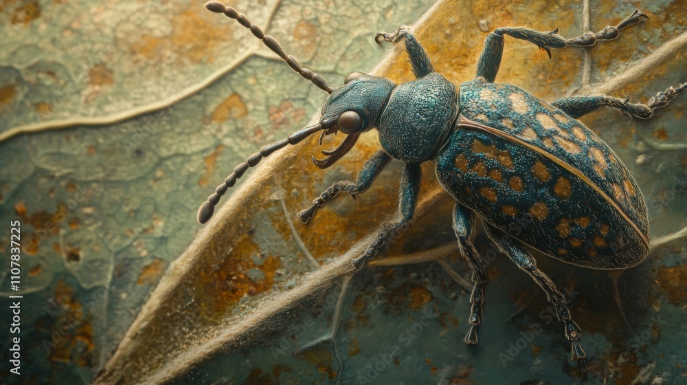 Poster colorful beetle on leaf with intricate detail and texture
