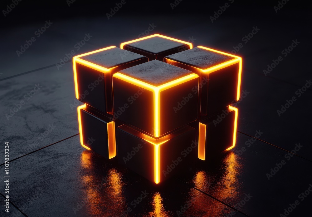 Aufkleber futuristic neon cube arrangement with glowing edges on a dark reflective surface in a modern abstrac