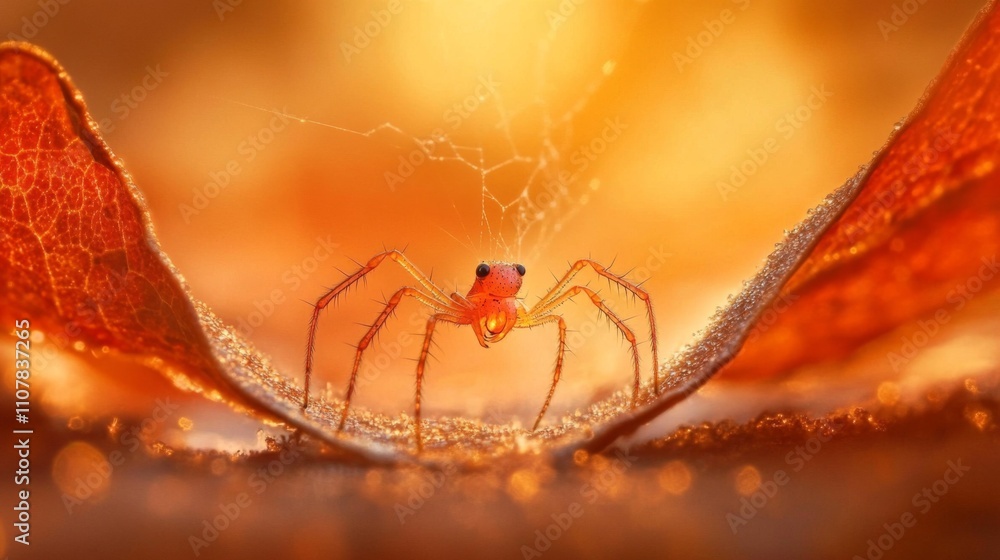 Poster Tiny Spider on Leaf with Sunlight Background and Web Details
