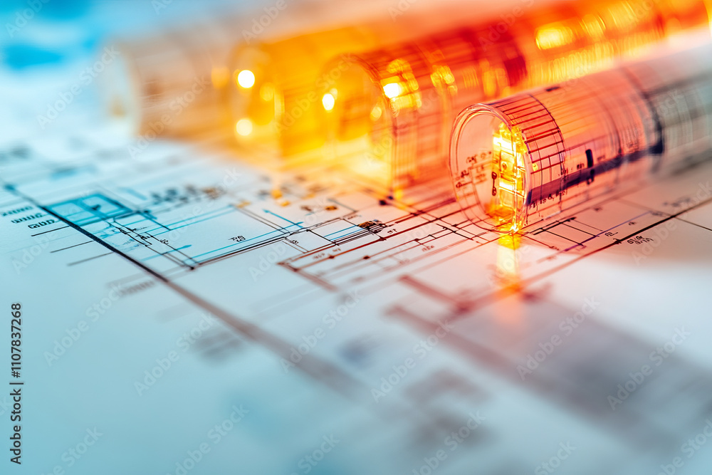 Poster close up of blueprint with illuminated sections and design details