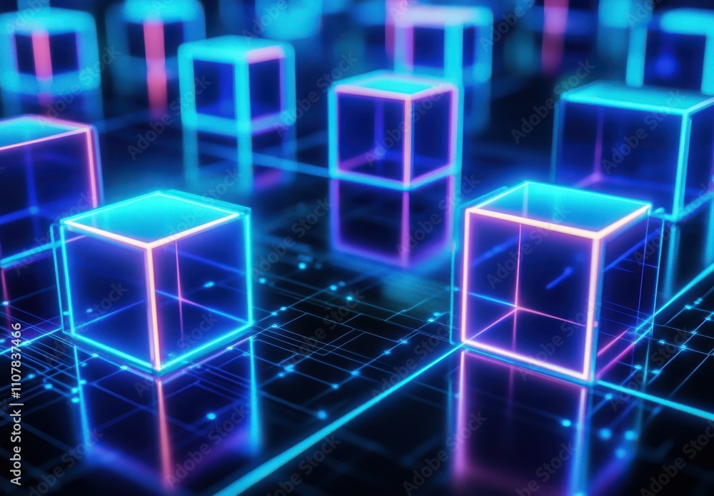 Poster futuristic neon cubes on a digital grid displaying a high-tech environment in vibrant colors and glo