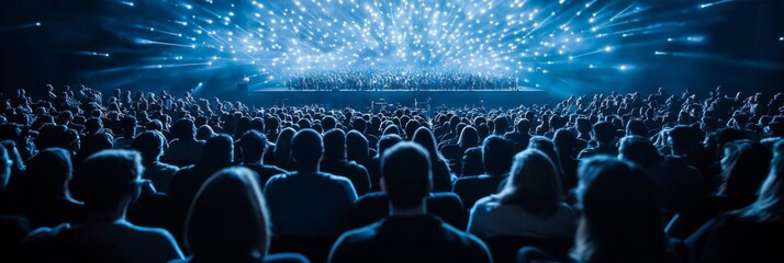 Large auditorium filled people all facing stage Thousands of smart tech