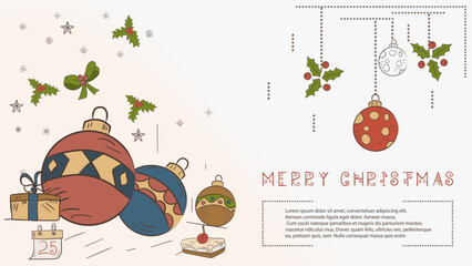 Christmas colored contour illustration in the style of childrens doodles with the text Lorem Ipsum Christmas balls