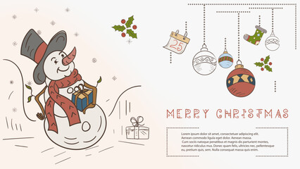 Christmas colored contour illustration in the style of childrens doodles with the text Lorem Ipsum A snowman in a top hat