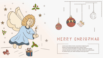 Christmas colored contour illustration in the style of childrens doodles with the text Lorem Ipsum a Christmas angel holding a candle
