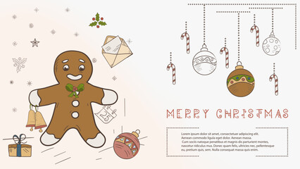 Christmas colored contour illustration in the style of childrens doodles with the text Lorem Ipsum Gingerbread Man