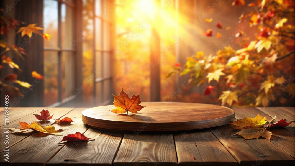 Poster a wooden surface adorned with colorful autumn leaves, basking in the warmth of golden sunlight strea