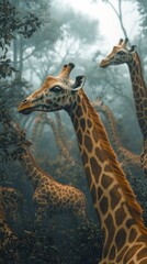 Obraz premium A herd of giraffes stand in a misty forest, their long necks reaching towards the sky.