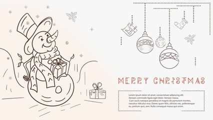 Christmas contour illustration in the style of childrens doodles with the text Lorem Ipsum a snowman in a top hat