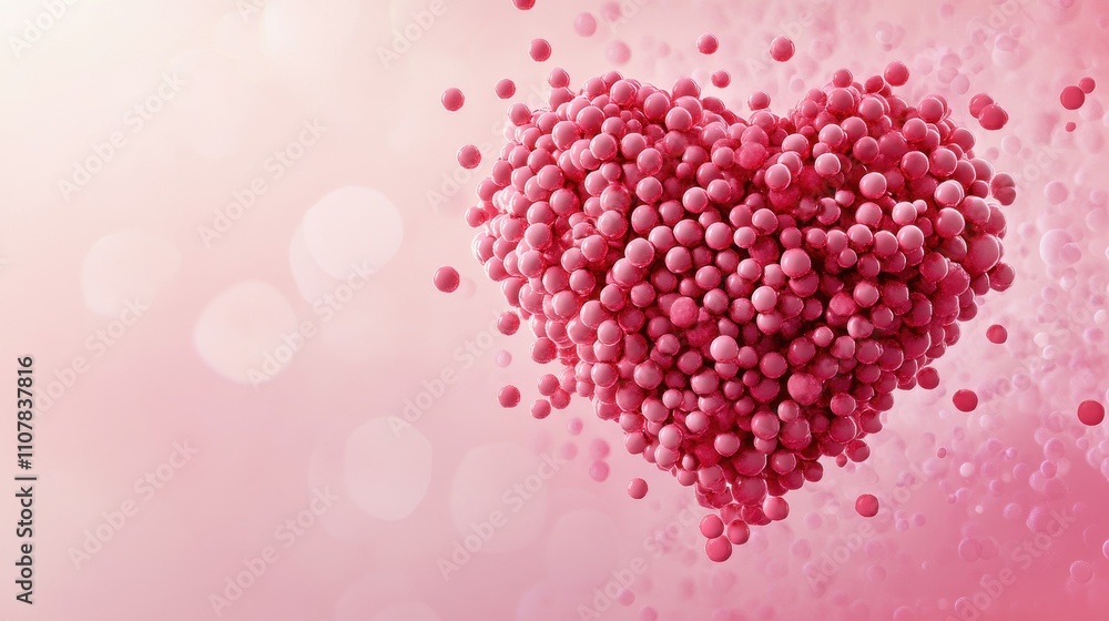 Poster heart shape made of pink bubbles with soft background and gentle bokeh effect, symbolizing love, aff