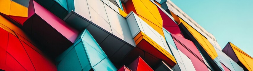 Fototapeta premium Vibrant Architectural Innovation, a captivating view of a modern building featuring intricate geometric patterns and bold colors that exemplify creative design excellence.