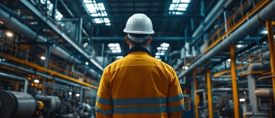 Fototapeta premium Man wearing white hard hat yellow high visibility and safety