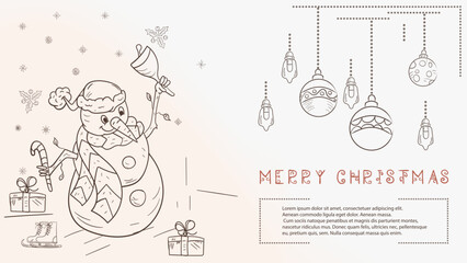 Christmas contour illustration in the style of childrens doodles with the text Lorem Ipsum The Snowman rings the Christmas bell