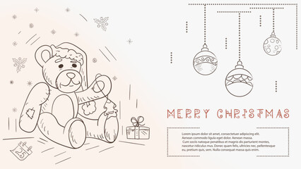 Christmas contour illustration in the style of childrens doodles with the text of Lorem Ipsum a bear toy in a Santa hat