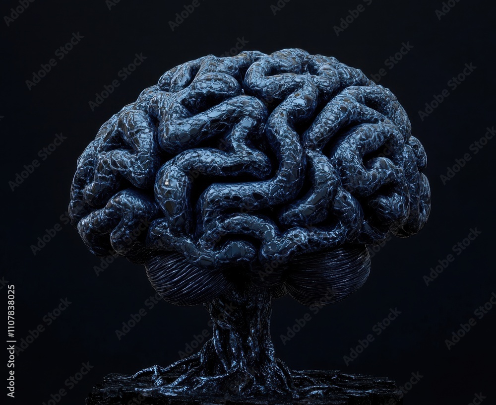 Poster intricate and abstract representation of a brain sculpture with detailed texture set against a dark 