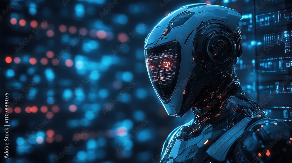 Poster a futuristic robot with a glowing visor and a sleek white helmet stands in front of a wall of data, 