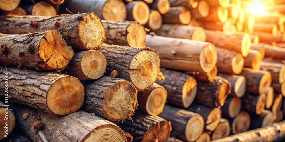 Poster warm golden sunlight bathes a stack of smoothly sawn logs, revealing the intricate grain patterns an