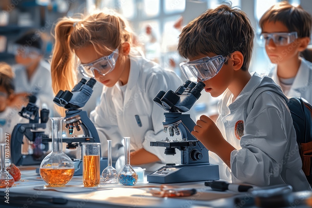 Poster children in lab coats use microscopes during a science experiment.