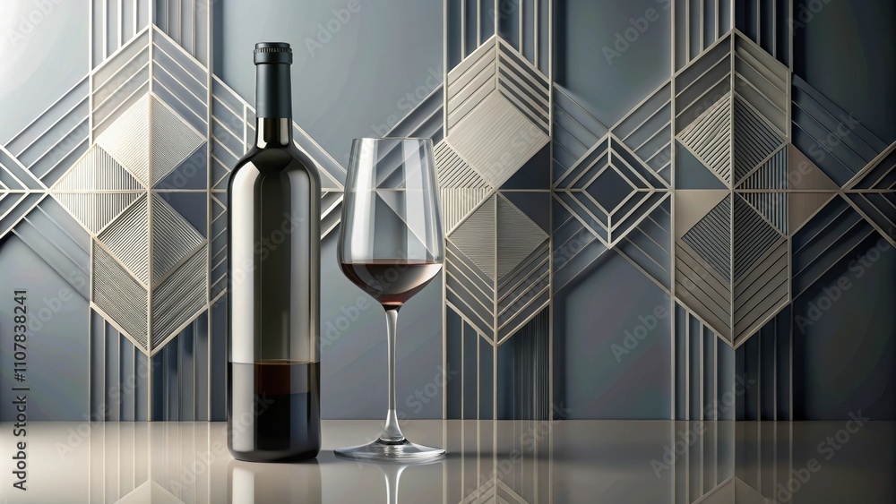 Poster A bottle of red wine and a glass of red wine on a reflective surface with a geometric pattern in the background.