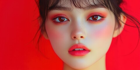 Fototapeta premium Striking beauty with bold makeup against a vibrant red background enhances creative artistic expression
