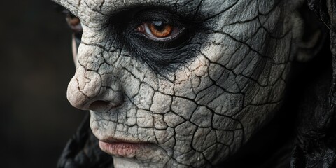 Dramatic transformation showcasing an eerie character with cracked skin and intense eyes in a mystical forest setting