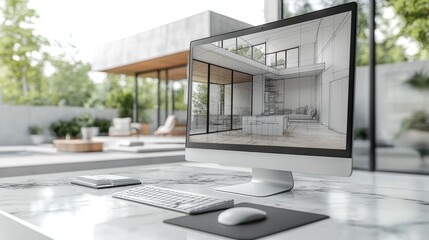 cad sketch of an architect s house project is displayed on a white workstation desktop computer with a 3d illustration of a classic bathroom interior in the background