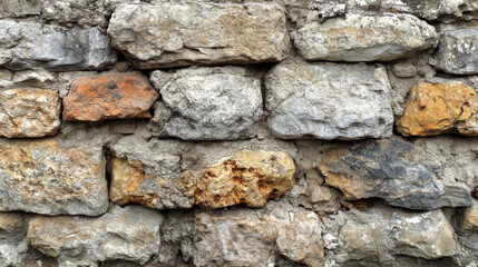 Rough stone wall with various textures and colors, showcasing natural elements and rustic charm. Ideal for backgrounds or architectural designs