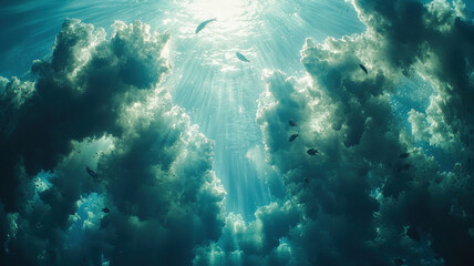 Obraz premium A dreamlike underwater scene where vibrant fish swim through soft, white clouds, with rays of sunlight filtering down from the ocean surface above, creating a surreal atmosphere. 