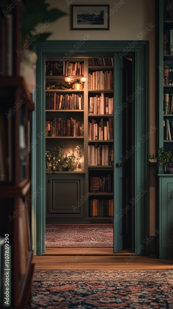 Poster a cozy library with a hidden door revealing a bookshelf and a warm inviting space.