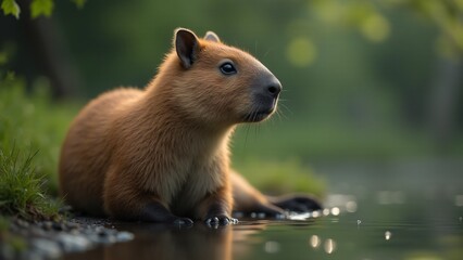 A capybara sitting peacefully by the water's edge, its gentle expression and soft fur contrast against lush greenery and calm water, evoking a serene and tranquil environment.
