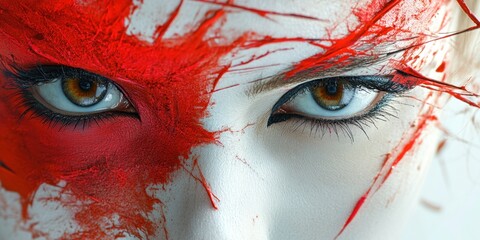 Naklejka premium Expressive artistry unfolds in a striking close-up of a model\'s captivating eyes adorned with bold red paint details